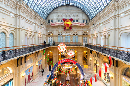 MOSCOW, RUSSIA - DECEMBER 4, 2020: Christmas and New Year Interior of the Main Universal Store GUM in Moscow, Russia. Christmas fairy tale in Moscow.のeditorial素材