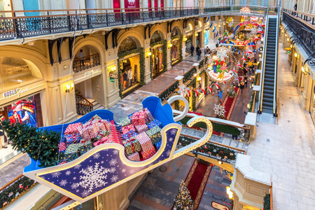 MOSCOW, RUSSIA - DECEMBER 4, 2020: Christmas and New Year Interior of the Main Universal Store GUM in Moscow, Russia. Christmas fairy tale in Moscow.のeditorial素材