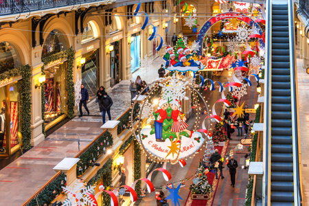 MOSCOW, RUSSIA - DECEMBER 4, 2020: Christmas and New Year Interior of the Main Universal Store GUM in Moscow, Russia. Christmas fairy tale in Moscow.のeditorial素材