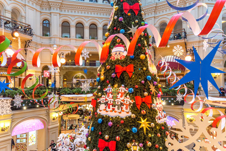 MOSCOW, RUSSIA - DECEMBER 4, 2020: Christmas and New Year Interior of the Main Universal Store GUM in Moscow, Russia. Christmas fairy tale in Moscow.のeditorial素材