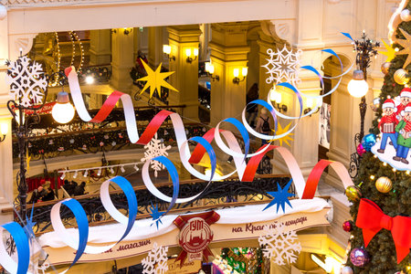 MOSCOW, RUSSIA - DECEMBER 4, 2020: Christmas and New Year Interior of the Main Universal Store GUM in Moscow, Russia. Christmas fairy tale in Moscow.のeditorial素材