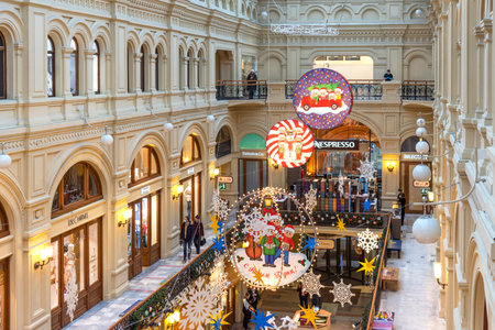 MOSCOW, RUSSIA - DECEMBER 4, 2020: Christmas and New Year Interior of the Main Universal Store GUM in Moscow, Russia. Christmas fairy tale in Moscow.のeditorial素材