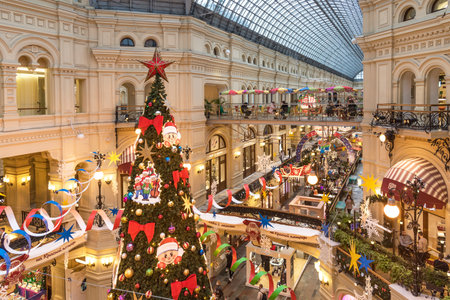 MOSCOW, RUSSIA - DECEMBER 4, 2020: Christmas and New Year Interior of the Main Universal Store GUM in Moscow, Russia. Christmas fairy tale in Moscow.のeditorial素材