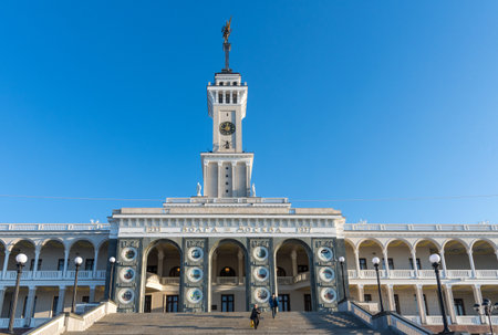 MOSCOW, RUSSIA - DECEMBER 12, 2020: The North River Terminal - passenger terminal of river transport in Moscow. North River Terminal after reconstruction with New Year and Christmas decoration in Moscowのeditorial素材
