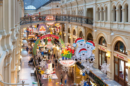 MOSCOW, RUSSIA - DECEMBER 4, 2020: Christmas and New Year Interior of the Main Universal Store GUM in Moscow, Russia. Christmas fairy tale in Moscow.のeditorial素材