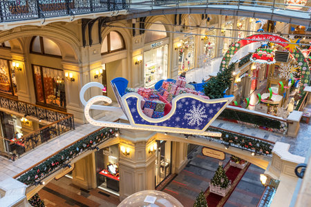 MOSCOW, RUSSIA - DECEMBER 4, 2020: Christmas and New Year Interior of the Main Universal Store GUM in Moscow, Russia. Christmas fairy tale in Moscow.のeditorial素材