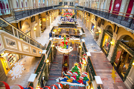 MOSCOW, RUSSIA - DECEMBER 4, 2020: Christmas and New Year Interior of the Main Universal Store GUM in Moscow, Russia. Christmas fairy tale in Moscow.のeditorial素材