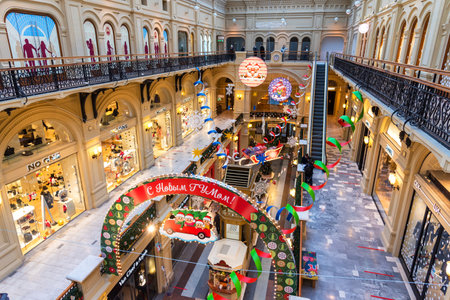 MOSCOW, RUSSIA - DECEMBER 4, 2020: Christmas and New Year Interior of the Main Universal Store GUM in Moscow, Russia. Christmas fairy tale in Moscow.のeditorial素材