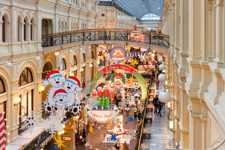 MOSCOW, RUSSIA - DECEMBER 4, 2020: Christmas and New Year Interior of the Main Universal Store GUM in Moscow, Russia. Christmas fairy tale in Moscow.のeditorial素材