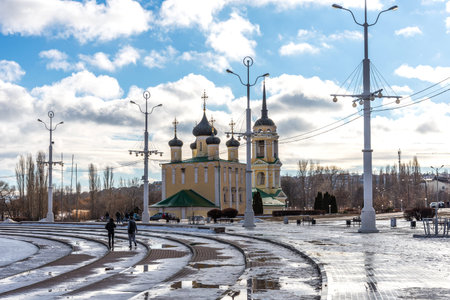 Voronezh, Russia - February 27, 2021 Panoramic view of the Admiralty Square from the Assumption...