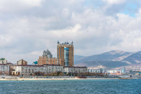 Novorossiysk, Russia - March 3, 2021: Panoramic view of the pedestrian embankment in Novorossiysk in early spring, Russia.のeditorial素材