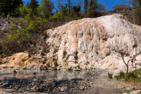 Bagni San Filippo, Italy - Thermal springs of Bagni San Filippo in Val D'Orcia. Calcium deposits on a waterfall at Bagni San Filippo.の写真素材