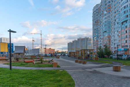 Mytishchi, Russia - August 10, 2019: Panoramic view of residential complex Yaroslavsky in Mytishchi, Moscow region, Russia. Top view of modern building in Moscow region.のeditorial素材