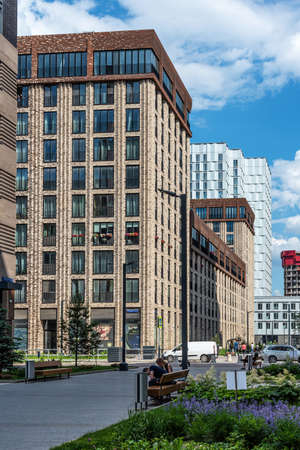 Moscow, Russia - June 14, 2021: New modern residential complex Zilart in Moscow. Pedestrian street inside the ZilArt residential area in Moscow.のeditorial素材