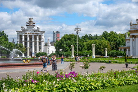 Moscow, Russia - June 30, 2021: Pavilion of Armenia at Exhibition of Achievements of National Economy VDNKh in Moscow. Amazing view of the Soviet architecture, a landmark of Moscow.のeditorial素材