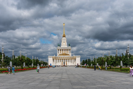 Moscow, Russia - June 30, 2021: The main pavilion of VDNKh. Pavilion No. 1 Central at the Exhibition of Achievements of the National Economy in Moscow.のeditorial素材