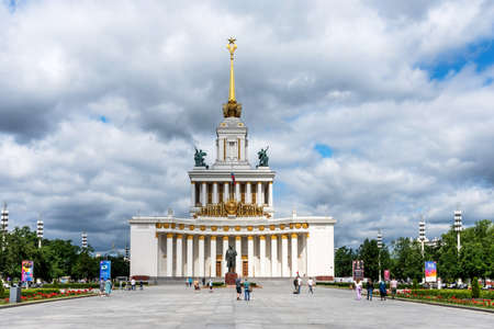 Moscow, Russia - June 30, 2021: The main pavilion of VDNKh. Pavilion No. 1 Central at the Exhibition of Achievements of the National Economy in Moscow.のeditorial素材