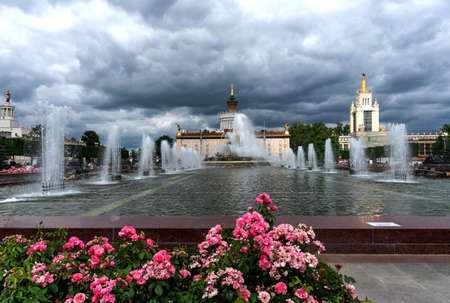 Moscow, Russia - June 30, 2021: Panoramic view Pavilion No. 58. Center Word, the Stone Flower fountain and Pavilion No. 59. Polytech. The amusement park in Moscow, Russia.のeditorial素材