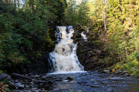 Picturesque autumn view of White Mosty waterfall in Karelia. Amazing landscape with forest waterfall in North of Karelia.の写真素材