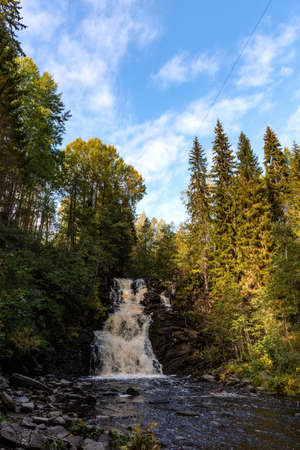 Picturesque autumn view of White Mosty waterfall in Karelia. Amazing landscape with forest waterfall in North of Karelia.の写真素材