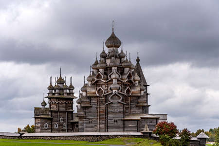 Picturesque autumn view of wooden churches on island of Kizhi, Karelia. Kizhi Pogost with The Church of the Intercession and The Church of the Transfiguration on Lake Onega in the Republic of Karelia.の写真素材