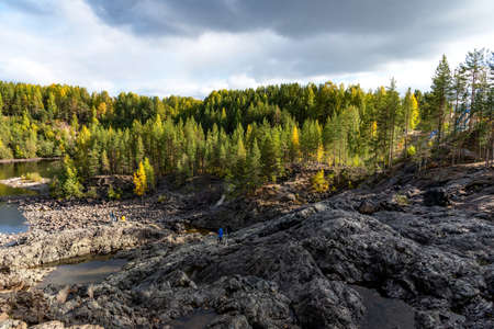 Picturesque autumn view of ancient volcano Girvas. Panoramic view of Girvas, the most ancient crater of volcano in Karelia, Russia.の写真素材
