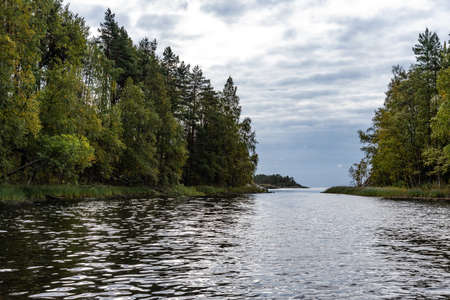 Ladoga Skerries National Park. Beautiful fall view on Lake Ladoga in Republic of Karelia, largest lake in Europe.の写真素材