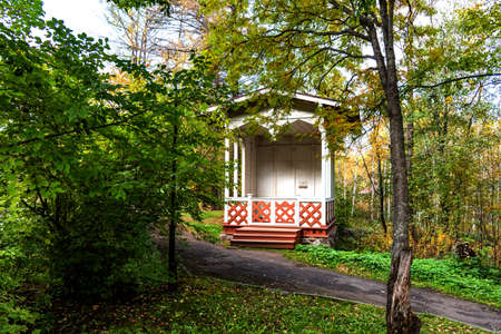 Mineral water source and wooden pavilion in mud resort Martsianye Vody Marcial Waters in Republic of Karelia, Russia.の写真素材