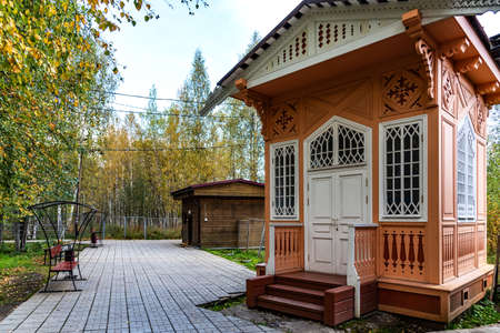 Mineral water source and wooden pavilion in mud resort Martsianye Vody Marcial Waters in Republic of Karelia, Russia.の写真素材