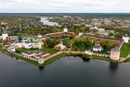 Amazing aerial view of Kirillo-Belozersky Monastery, the largest monastery of Northern Russia in Kirillov, Vologda Oblast.の写真素材