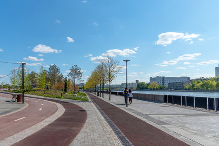 Moscow, Russia - May 21, 2022: The Marc Chagall embankment is a new embankment in southern Moscow with a walking zone, cafes, children and sports fields.のeditorial素材