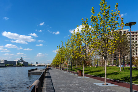 Moscow, Russia - May 21, 2022: The Marc Chagall embankment is a new embankment in southern Moscow with a walking zone, cafes, children and sports fields.のeditorial素材