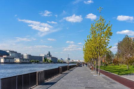 Moscow, Russia - May 21, 2022: The Marc Chagall embankment is a new embankment in southern Moscow with a walking zone, cafes, children and sports fields.のeditorial素材