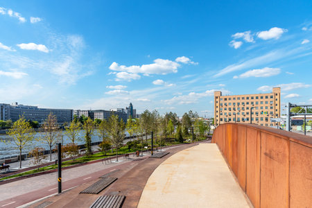 Moscow, Russia - May 21, 2022: The Marc Chagall embankment is a new embankment in southern Moscow with a walking zone, cafes, children and sports fields.のeditorial素材