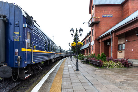 Sortavala, Russia - September 13, 2021: Tourist retro train Ruskeala Express on the railway station Sortavala-Center.のeditorial素材