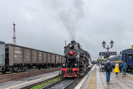 Sortavala, Russia - September 13, 2021: Tourist retro train Ruskeala Express on the railway station Sortavala-Center.のeditorial素材