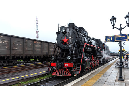 Sortavala, Russia - September 13, 2021: Tourist retro train Ruskeala Express on the railway station Sortavala-Center.のeditorial素材