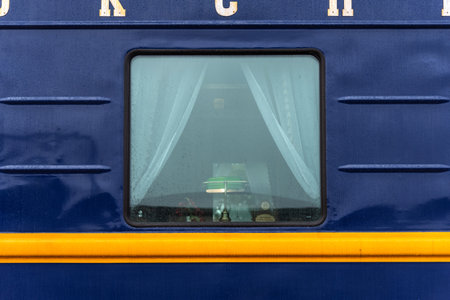 Sortavala, Russia - September 13, 2021: Tourist retro train Ruskeala Express on the railway station Sortavala-Center.のeditorial素材