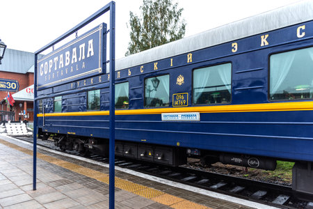 Sortavala, Russia - September 13, 2021: Tourist retro train Ruskeala Express on the railway station Sortavala-Center. Retro train between Sortavala - Ruskeala.のeditorial素材
