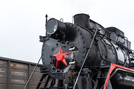 Sortavala, Russia - September 13, 2021: Tourist retro train Ruskeala Express on the railway station Sortavala-Center.のeditorial素材