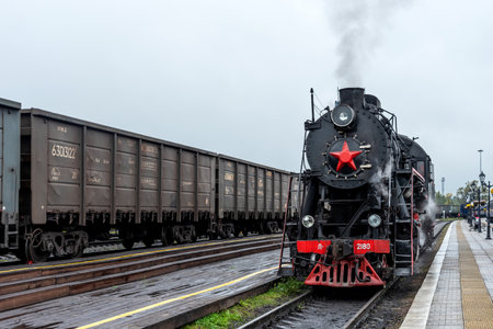 Sortavala, Russia - September 13, 2021: Tourist retro train Ruskeala Express on the railway station Sortavala-Center.のeditorial素材