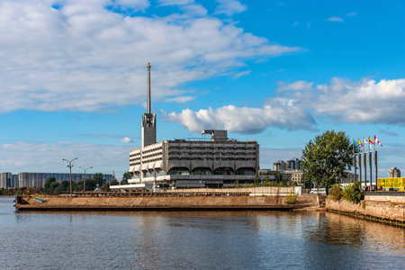 St. Petersburg, Russia - September 9, 2022: The Marine Station or Marine Terminal, a marine passenger terminal in Saint Petersburg and Public art space Sevkabel Port. Pedestrian embankment overlooking the Gulf of Finland.のeditorial素材