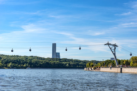 Moscow, Russia - August 12, 2022: Panoramic view of the cable car between Sparrow Hills and Luzhniki Stadium in summer.のeditorial素材