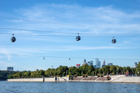 Moscow, Russia - August 12, 2022: Panoramic view of the cable car between Sparrow Hills and Luzhniki Stadium in summer.のeditorial素材