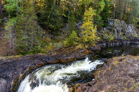 Picturesque Kivach waterfall in Karelia, Russia. Beautiful waterfall in forest.の写真素材