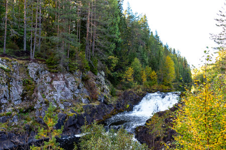 Picturesque Kivach waterfall in Karelia, Russia. Beautiful waterfall in forest.の写真素材