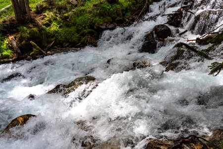 Beautiful waterfall in the forest on the Belaya River in the North Caucasus, Russia. Mountain...