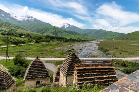 Beautiful landscape of the medieval city of the dead in the Caucasus mountains. North Ossetia.の写真素材