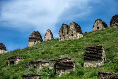 Beautiful landscape of the medieval city of the dead in the Caucasus mountains. North Ossetia.の写真素材