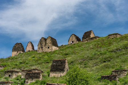 Beautiful landscape of the medieval city of the dead in the Caucasus mountains. North Ossetia.の写真素材